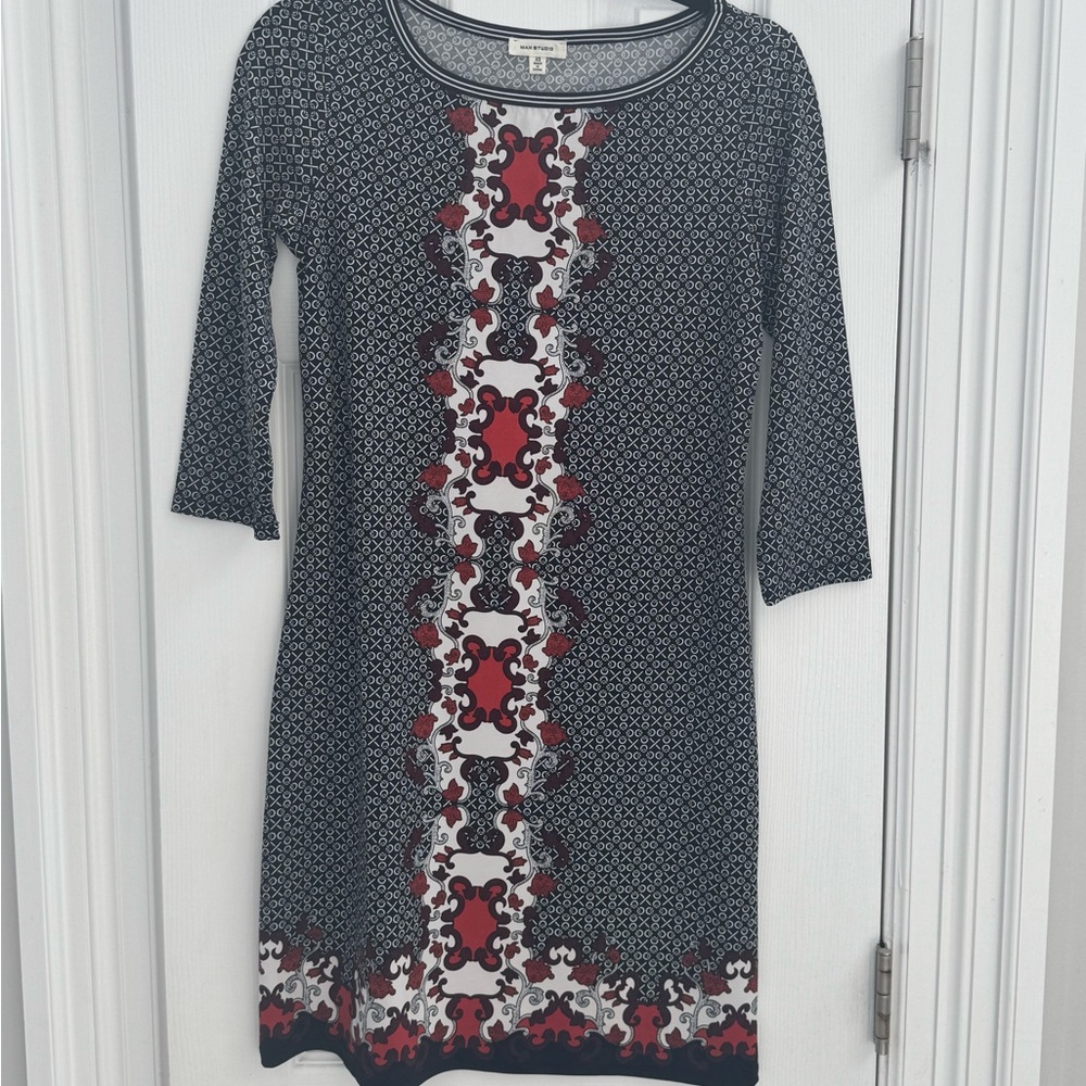 Max Studio Black and Burgundy/Rust Long Sleeve Dress